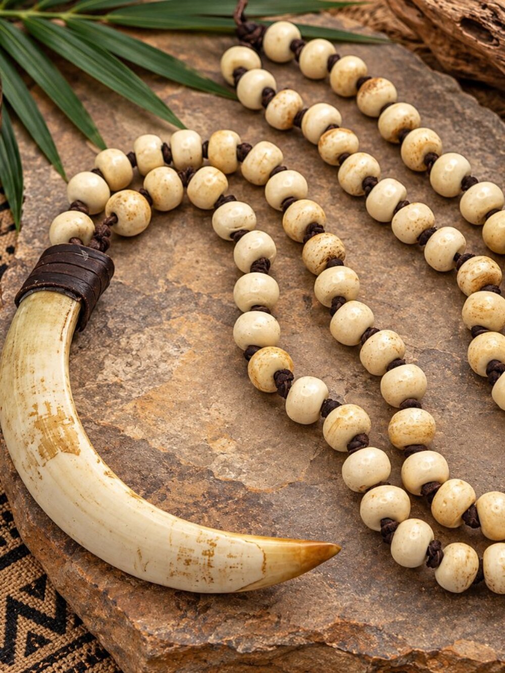 Carved Bone Wild Boar Tusk Amulet Necklace Bone Beads Tribal Boho 30"